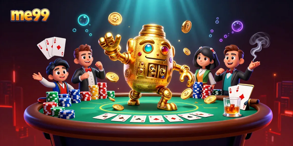 Spin to win big at me99 casino with a golden golem and poker excitement in this vibrant illustration.