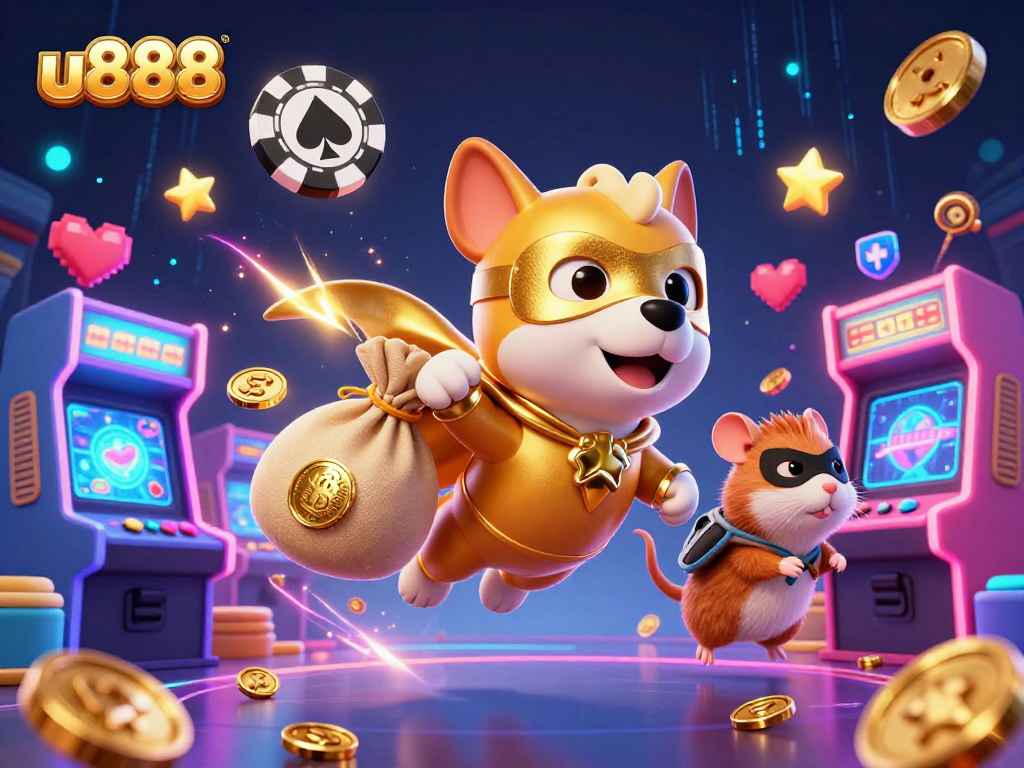 Engage with u888 gaming excitement featuring a superhero dog and hamster, surrounded by vibrant casino elements.
