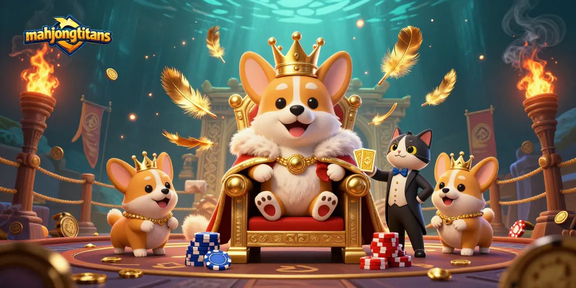 Strategize to win in mahjongtitans with royal corgi and golden cards in casino-themed setting