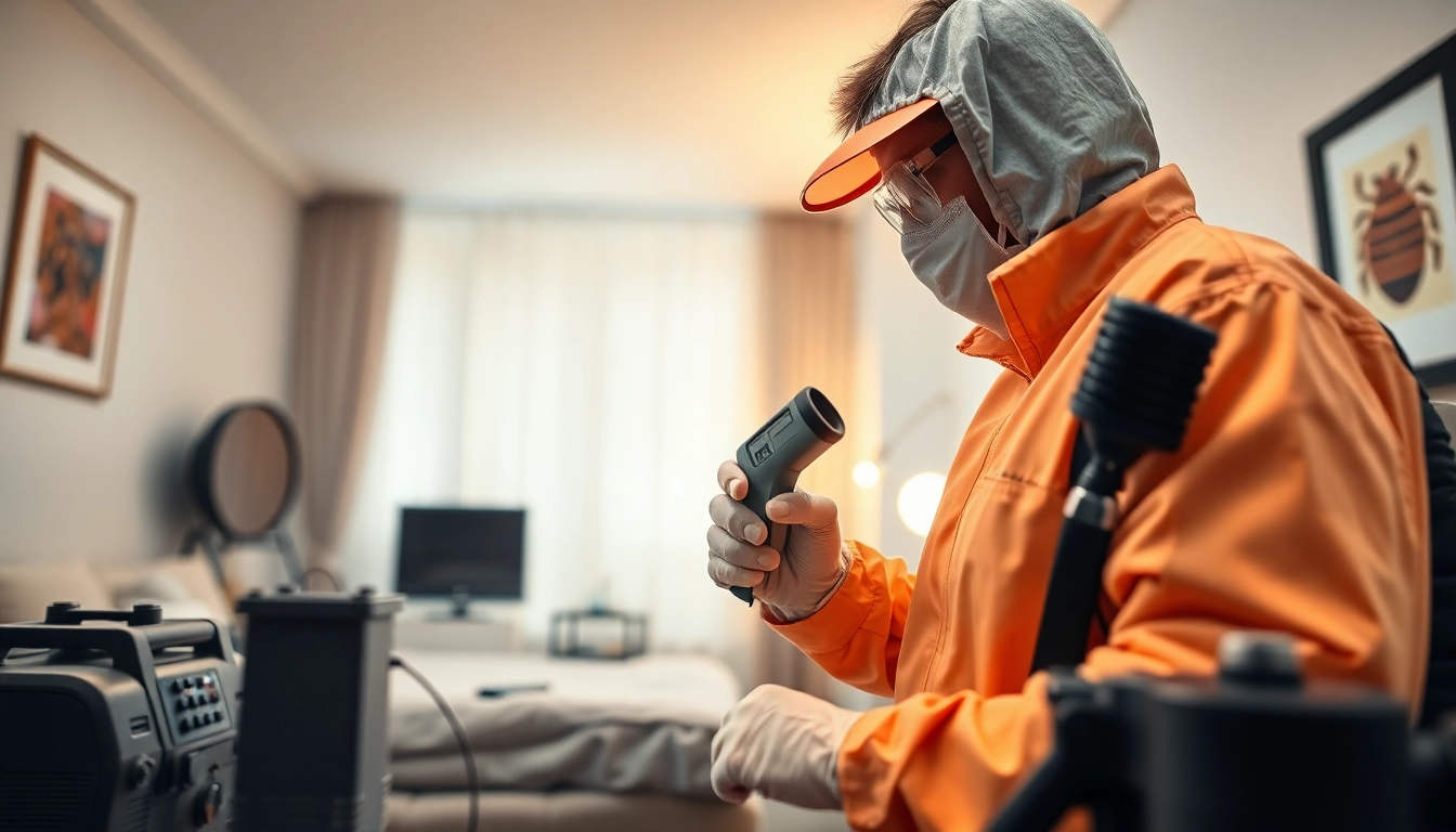 Technician performing bed bug heat treatment in a modern apartment setting.