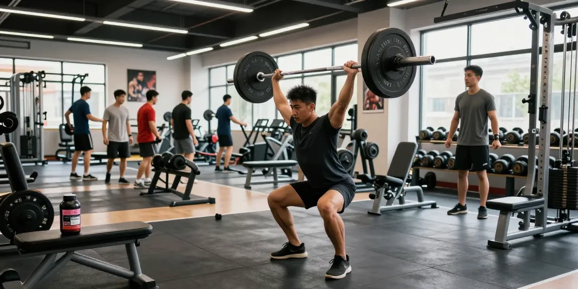 Focused bodybuilder lifting weights in a modern Steroid Shop gym environment.