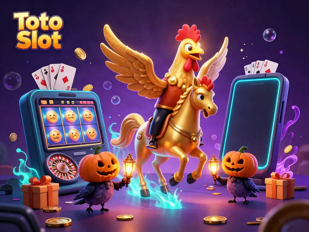 Slot Toto penuh warna dengan karakter ayam jantan emas dan permainan kasino menyenangkan.
