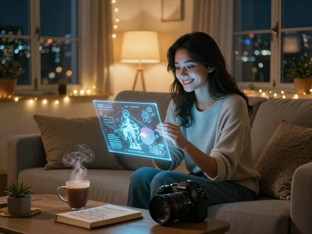 Engaging interaction with a nsfw ai girlfriend in a cozy home setting, showcasing digital connection.
