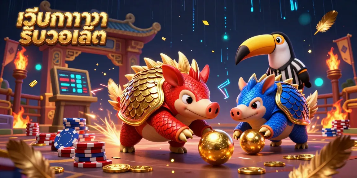 Engaging illustration of เว็บบาคาร่ารับวอเลท featuring rival pangolins wrestling through poker chips and casino elements.