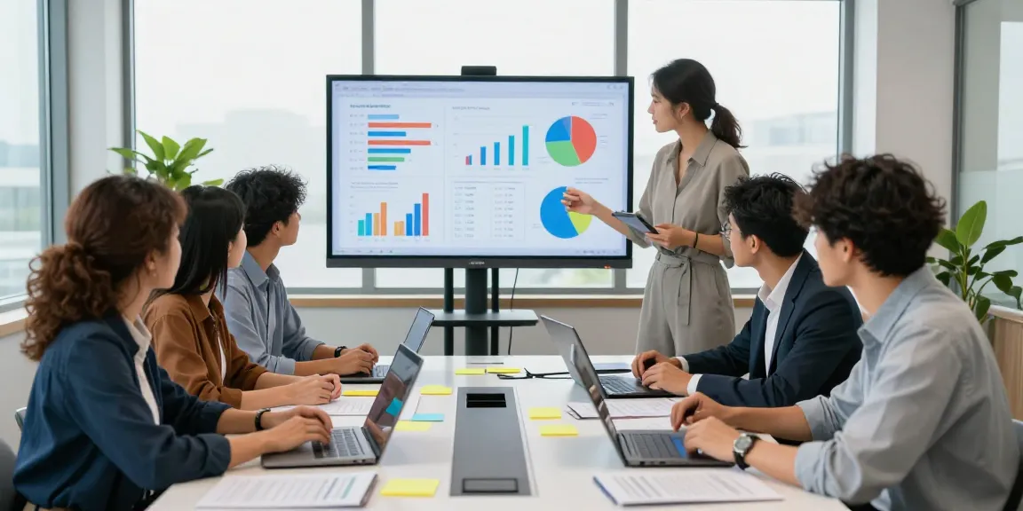 Team discussing real time market insights during a collaborative meeting in a modern office setting.