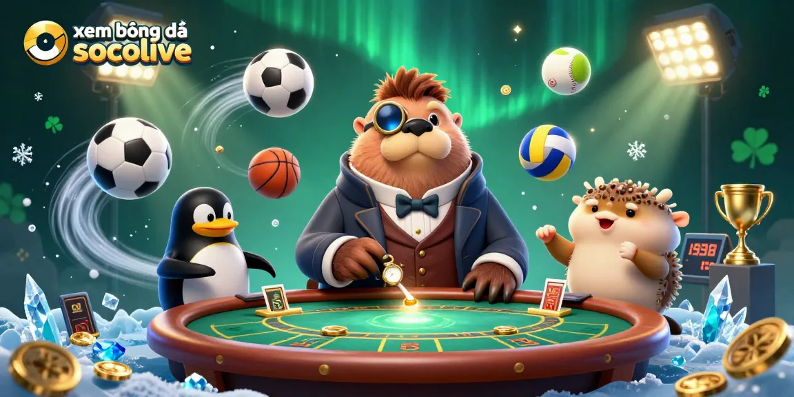 Xem bóng đá socolive with playful characters at an exciting underwater poker game scene featuring dynamic sports elements.