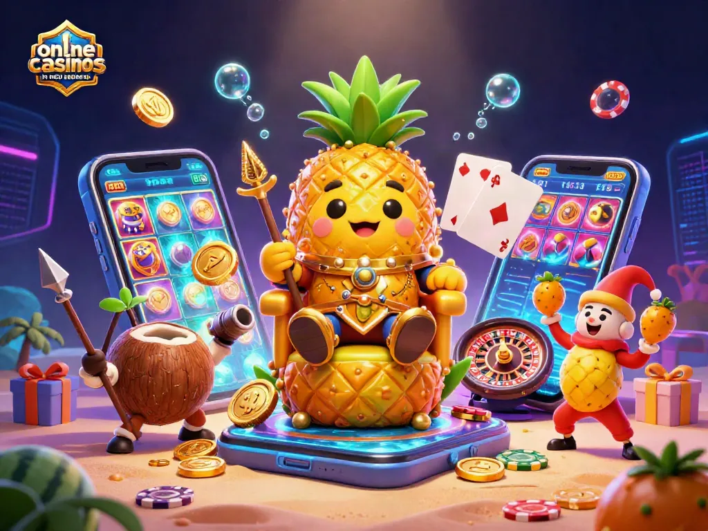 Engage with online casinos in New Zealand through vibrant gaming scenes featuring cartoon characters and casino elements.