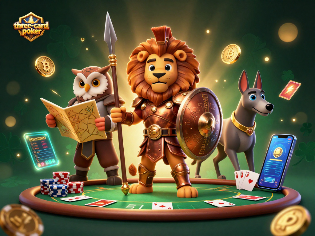 Experience three-card-poker excitement with heroic characters and vibrant gaming elements.
