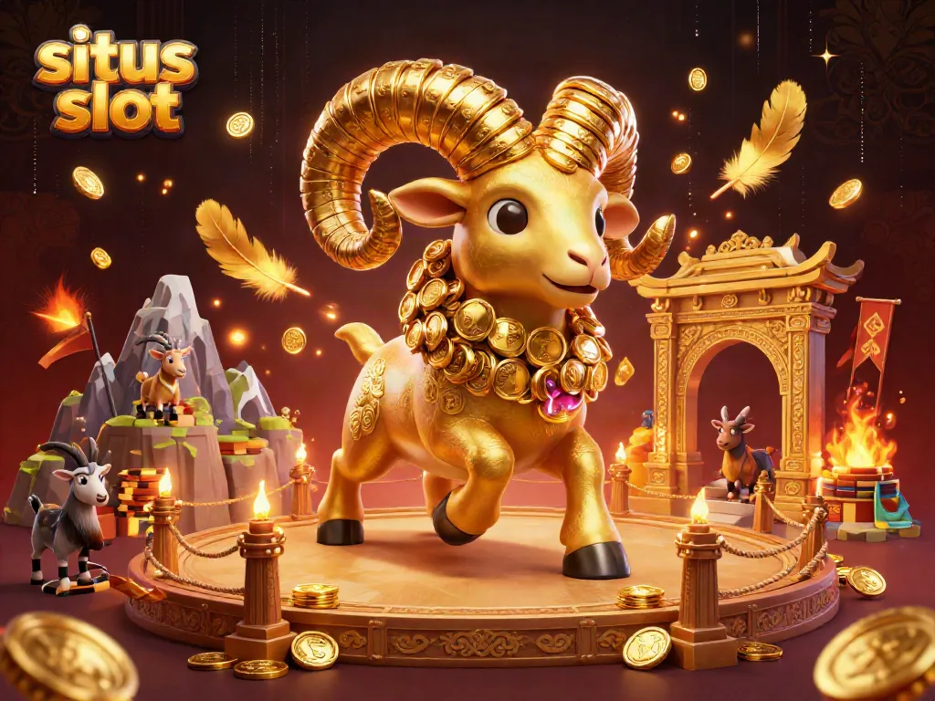 Gambarkan situs slot dengan domba emas besar dan elemen kasino menarik di arena pertarungan.