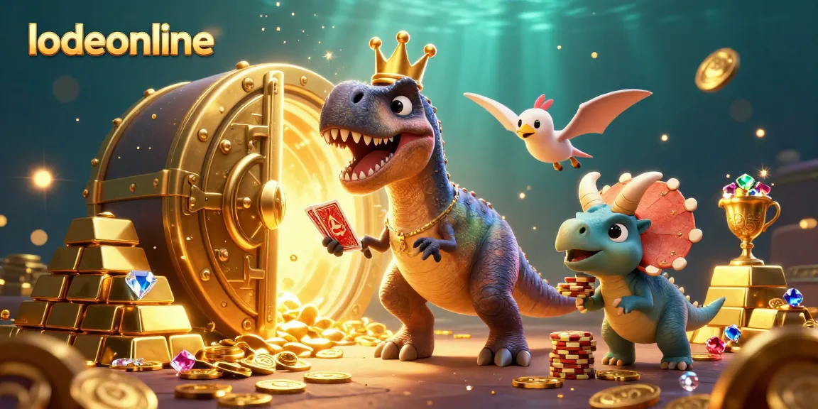 Experience exciting gameplay with lodeonline, featuring a T-Rex shuffling cards amidst gold treasures.