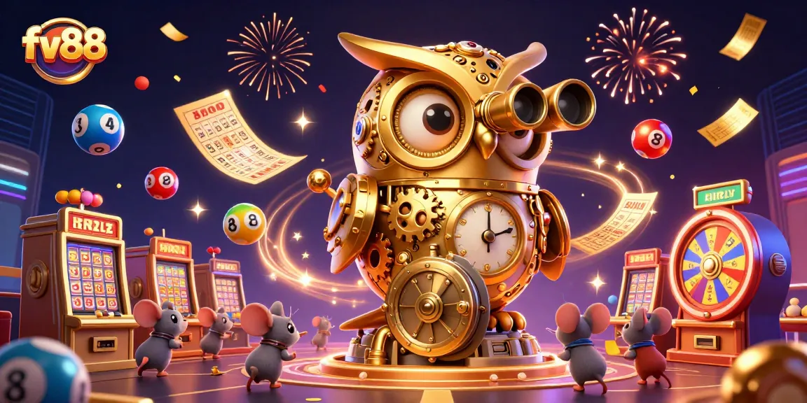 Experience thrilling wins at fv88 with dynamic golden owl overseeing casino patrons amidst colorful game elements.