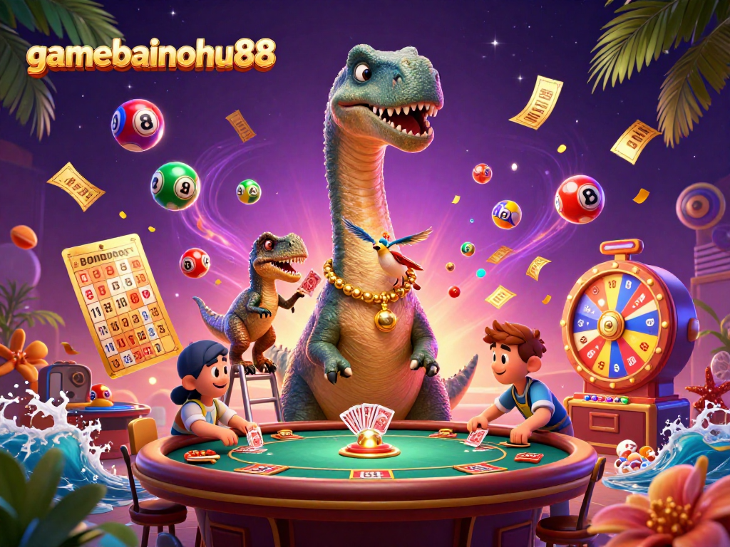 Experience gamebainohu88 with a colorful casino scene featuring a giant brontosaurus and dynamic lottery elements.