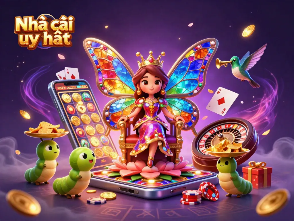 Experience Nhà cái uy tín with vibrant online gaming elements featuring a butterfly queen and casino action.