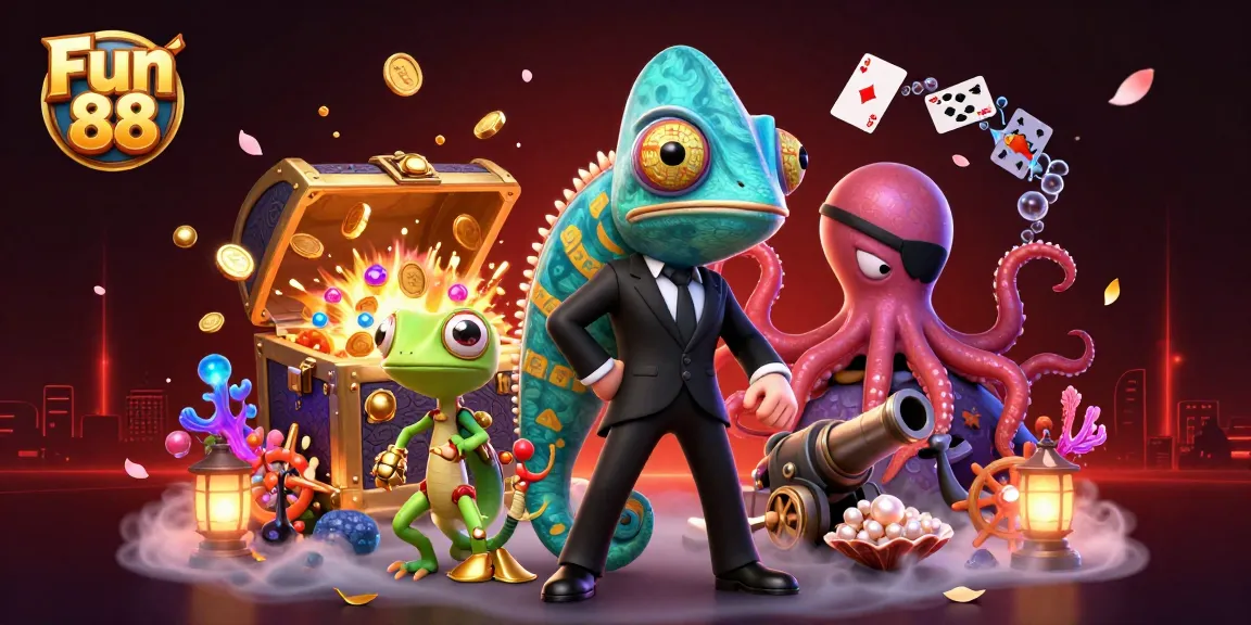 Experience thrilling wins at Fun 88 with cartoon characters amidst treasures and vibrant casino elements.