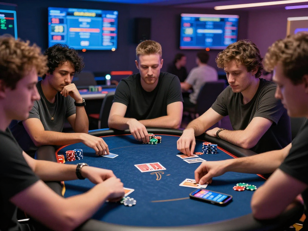 Intense Poker88 gaming session with friends showcasing colorful chips and strategy.