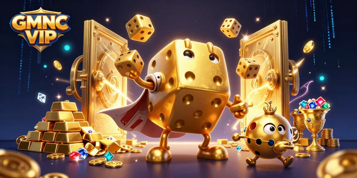 Engage with GMNC VIP's magical casino world featuring golden dice golem and treasures!
