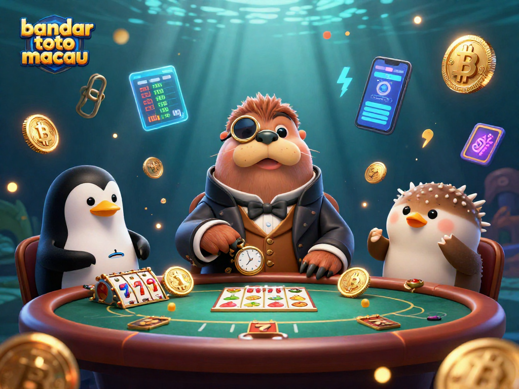 Experience exhilarating poker action at bandar toto macau with a jolly walrus and friends in this vibrant illustration.