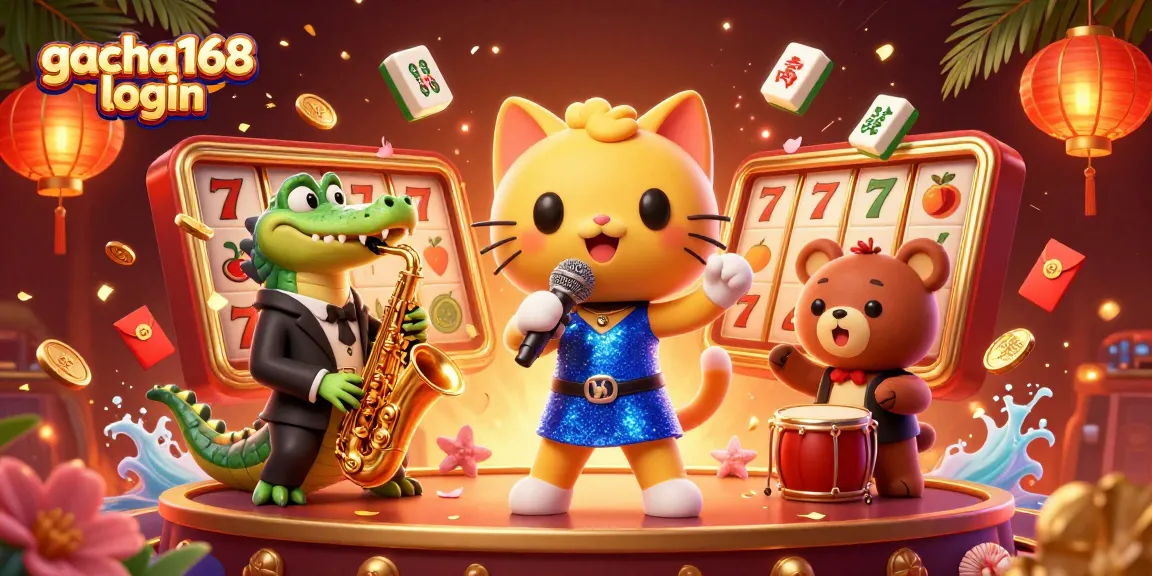 Engage with gacha168 login through a vibrant casino-inspired 3D illustration featuring charming characters.