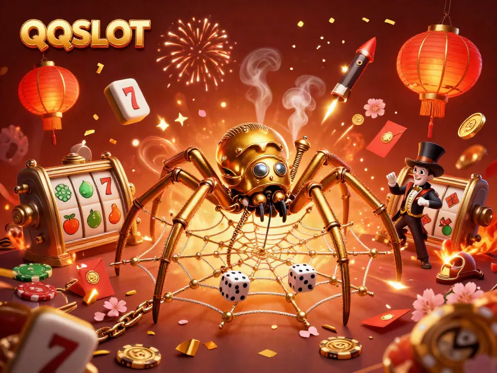 Engage with QQSLOT in this vibrant 3D illustration featuring a golden spider and captivating casino elements.
