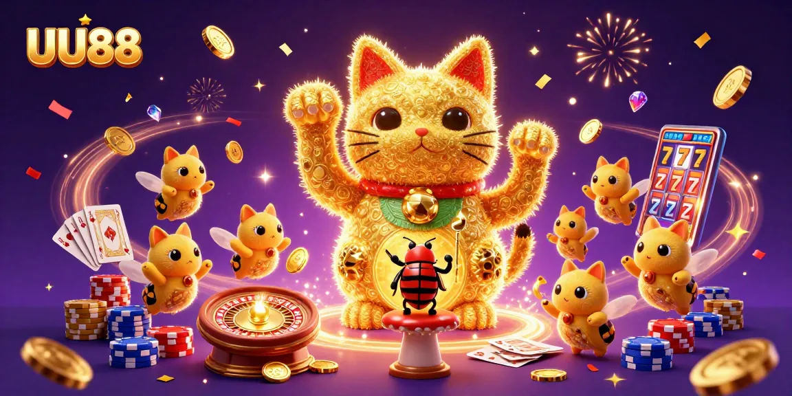 Experience exhilarating gaming at UU88 with a dynamic scene of a lucky cat and casino symbols.
