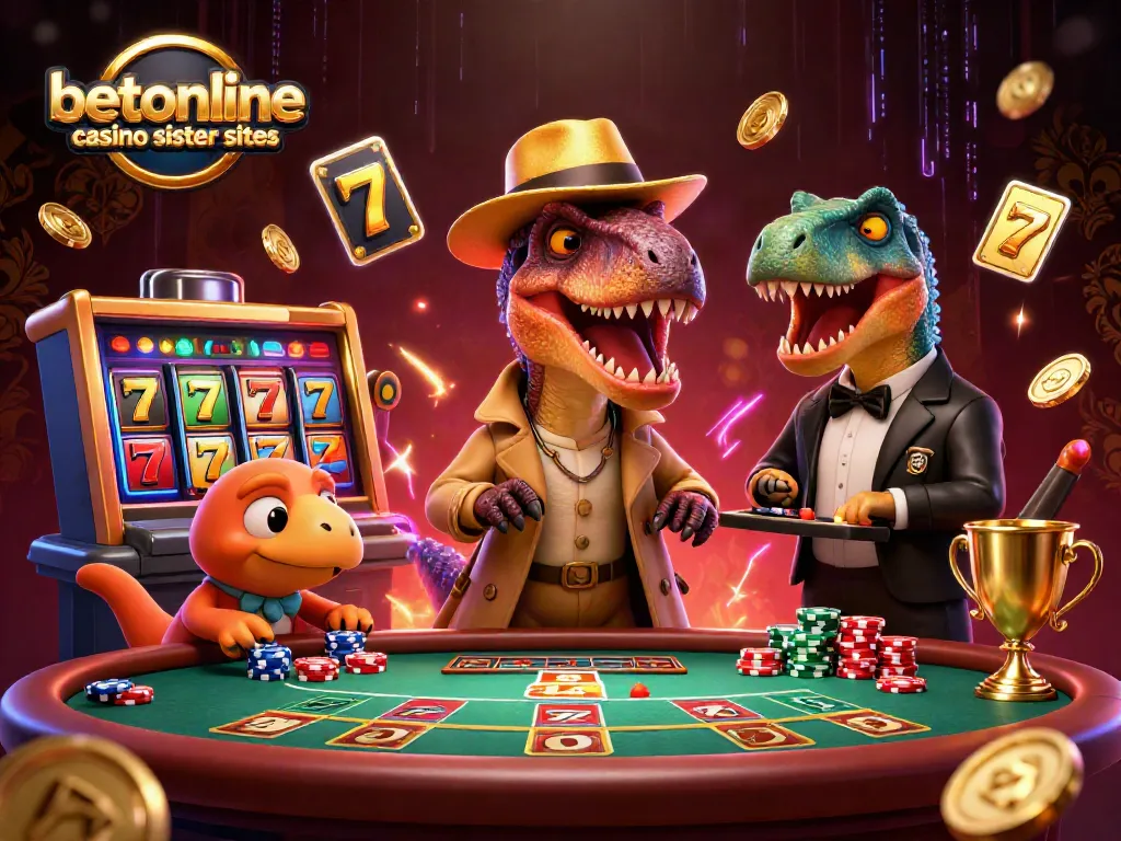 Experience thrilling action with betonline casino sister sites, 3D cartoon characters at a bustling casino scene.