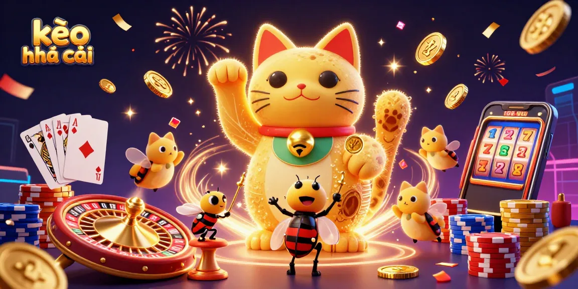 An engaging scene featuring kèo nhà cái represented by a giant lucky cat waving among dynamic casino symbols, surrounded by coins and poker elements.