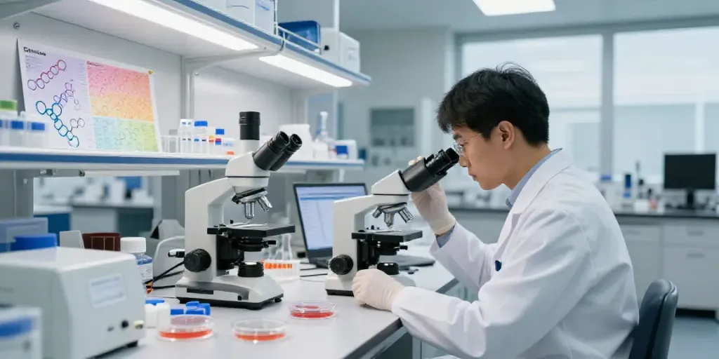 Researcher analyzing Swiss Chems peptides in a modern laboratory.