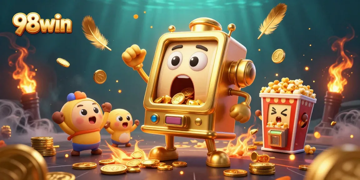 Win big with 98win's golden slot machine celebrating a jackpot amidst dynamic casino elements.