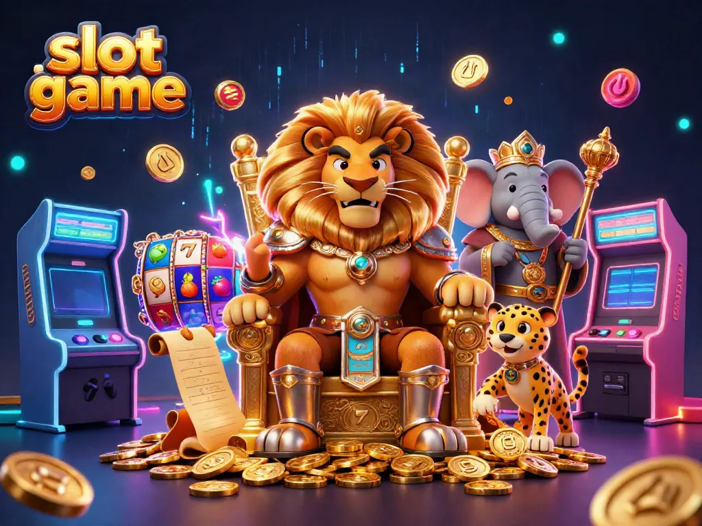 Experience the excitement of a slot game with vibrant 3D visuals, featuring a lion king and dynamic game elements.