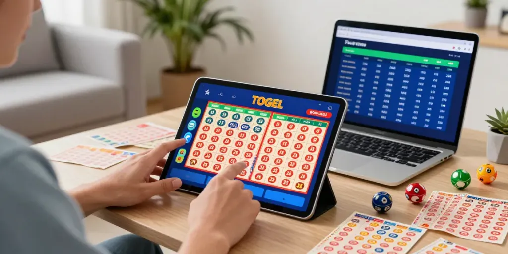 Engaging user enjoying togel online on a tablet with colorful lottery elements in a cozy setting.