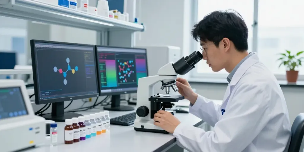 MOTS-c peptide analysis in a professional laboratory setting with a scientist and equipment.