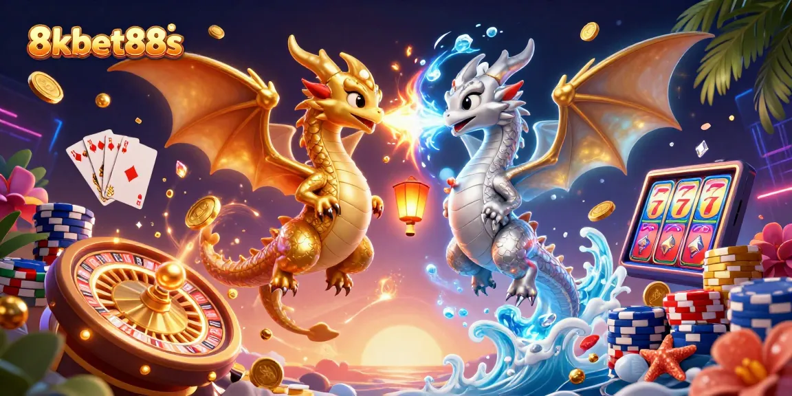 Engage with the energetic world of 8kbet88s featuring 3D dragons and casino elements in a vibrant scene.