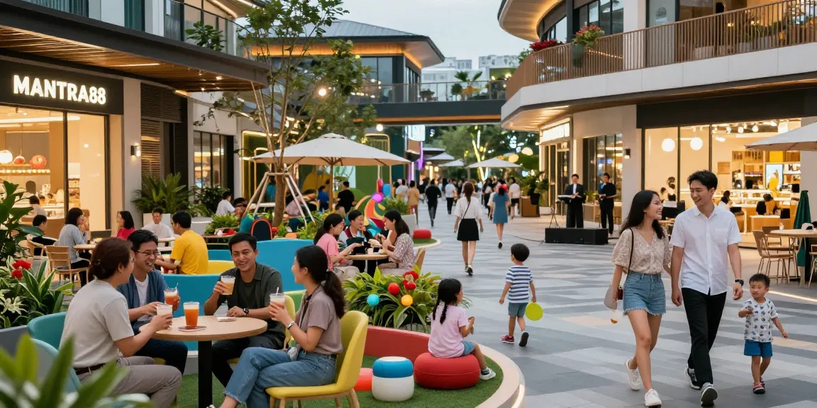 Vibrant scene of families and friends enjoying MANTRA88 entertainment complex, showcasing lively gatherings and inviting atmosphere.