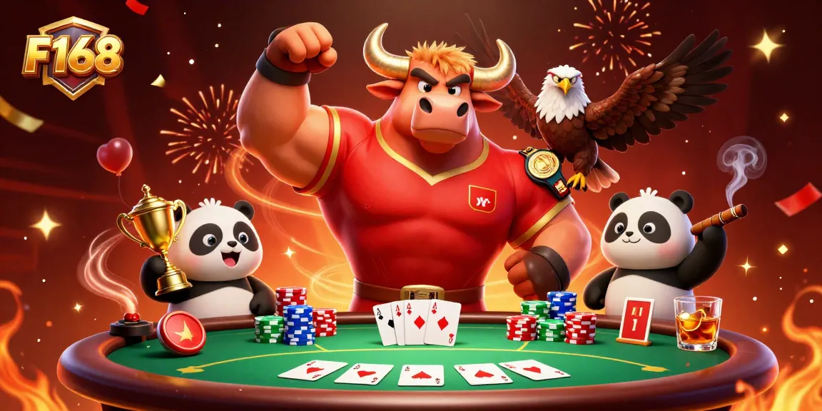 Engaging F168 casino scene featuring a victorious bull, eagle, and panda amidst poker elements.