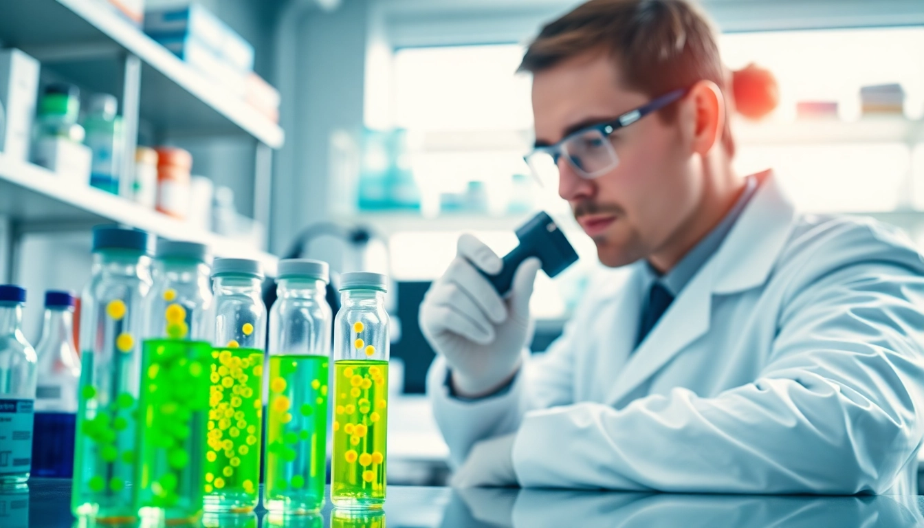 Researching amc peptide solutions in a modern laboratory setting with glass vials and equipment.