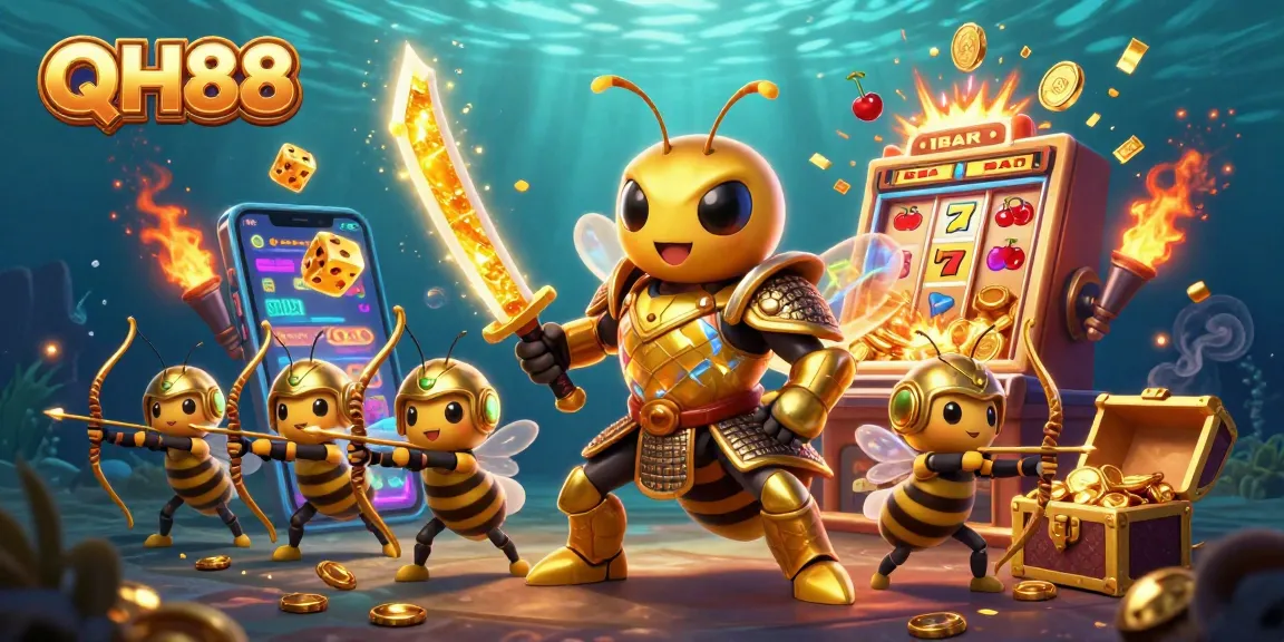 Experience thrilling casino action with QH88 in this vibrant underwater scene featuring samurai hornet and gambling elements.