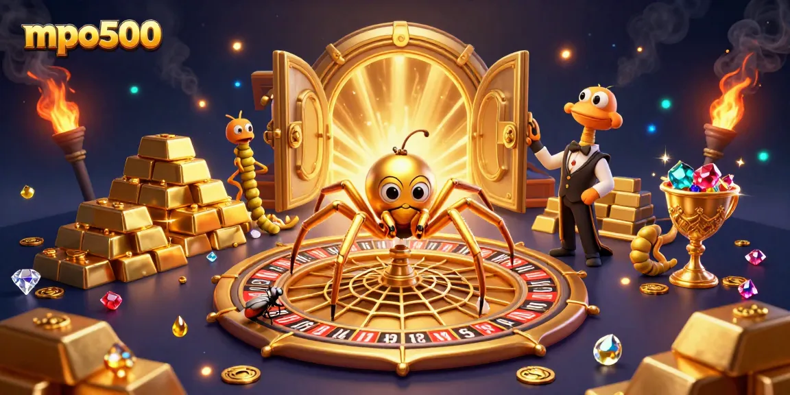 Experience mpo500 in this vibrant casino scene with a spider spinning a roulette wheel.
