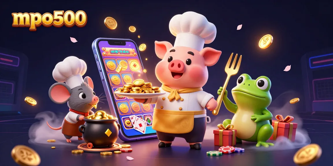 Engage in winning strategies at mpo500 as a chef pig serves gold coins amidst exciting game elements.
