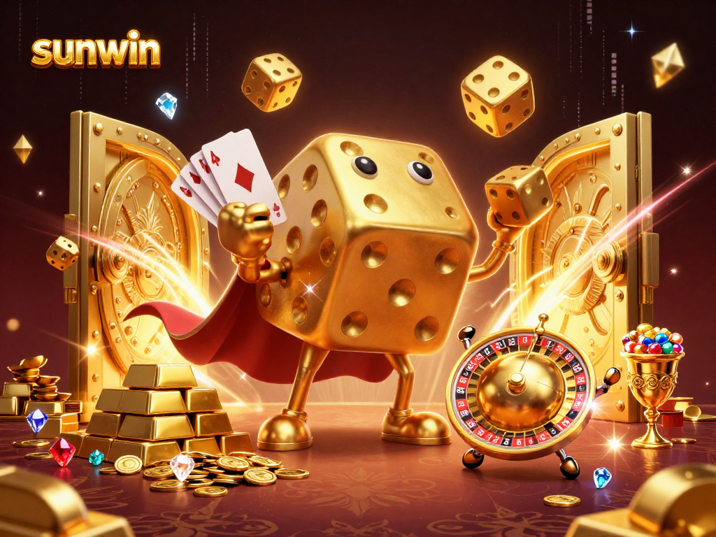 Experience sunwin's thrilling offerings with a lively golden dice golem and sparkling treasure elements.
