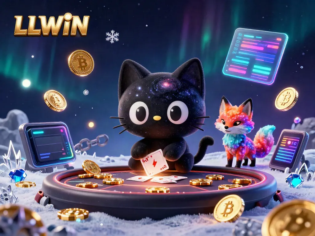 Experience the thrill of LLWIN with cosmic elements and colorful characters in a dynamic casino scene.