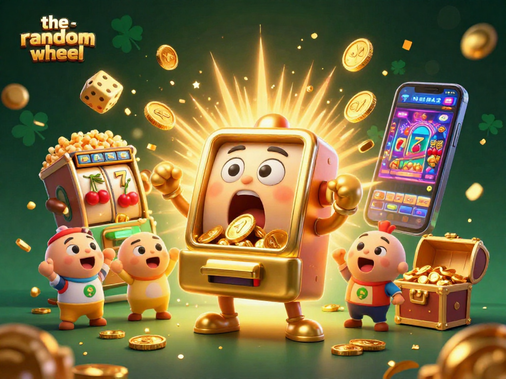 Experience the excitement of the-random-wheel as the golden slot machine hits a jackpot while coins pour out, amidst vibrant casino elements.