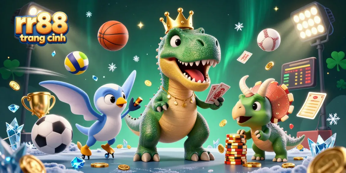 Join the fun at rr88 trang chính with a friendly T-Rex shuffling cards and a pterodactyl assistant in a vibrant casino scene.