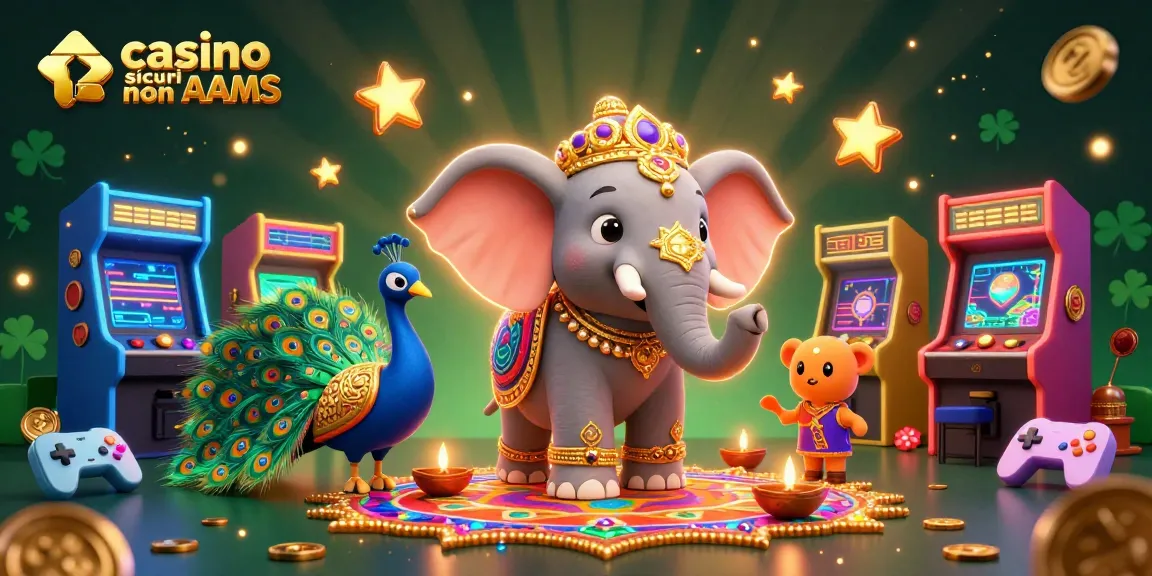 Gioca nei casino sicuri non AAMS con un'immagine vivace che mostra un elefante colorato, un pavone e elementi di gioco avvincenti.