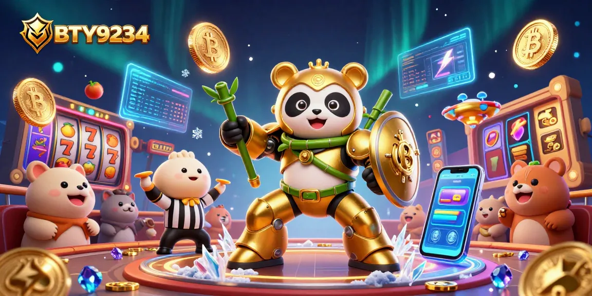 Engage with BTY9234's vibrant 3D casino illustrated scene showcasing a mech-suit panda in action.