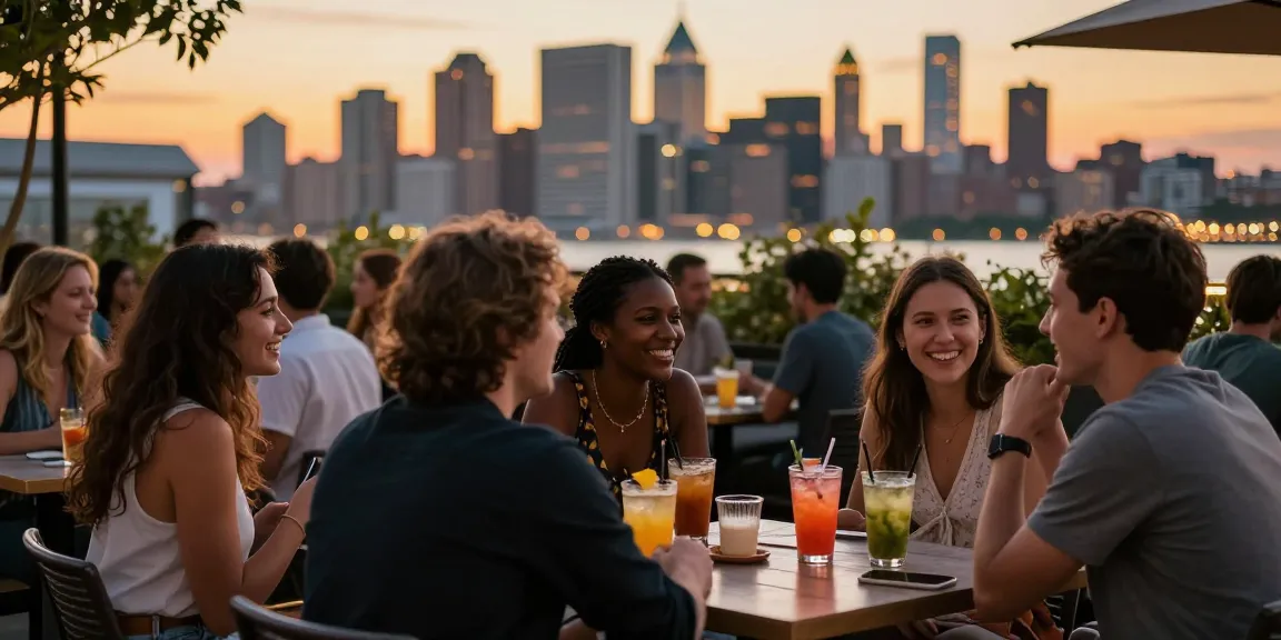 Singles enjoying dating connections at a vibrant café during sunset.