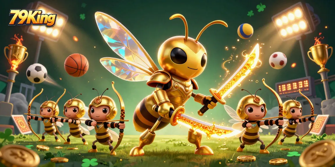 Engage in thrilling action with 79King's dynamic 3D casino illustration featuring samurai hornets and sports elements.