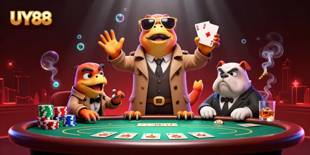 Raptors in trench coat amusingly attempting entry to UY88 VIP casino while engaging in poker action