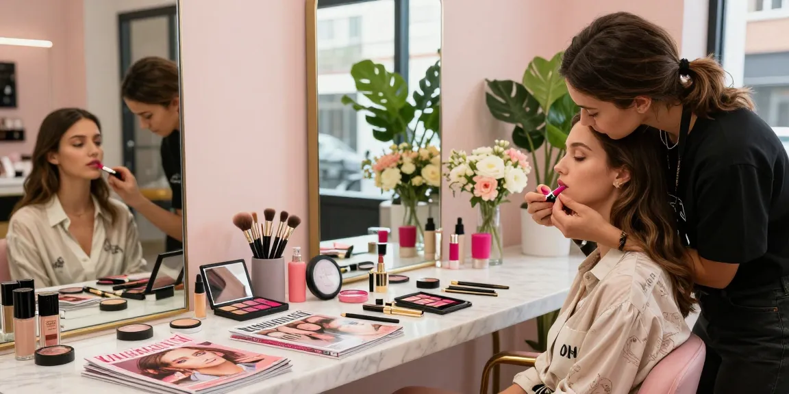 Vibrant makeup application scene featuring the keyword 777 and stylish beauty products in an urban salon.