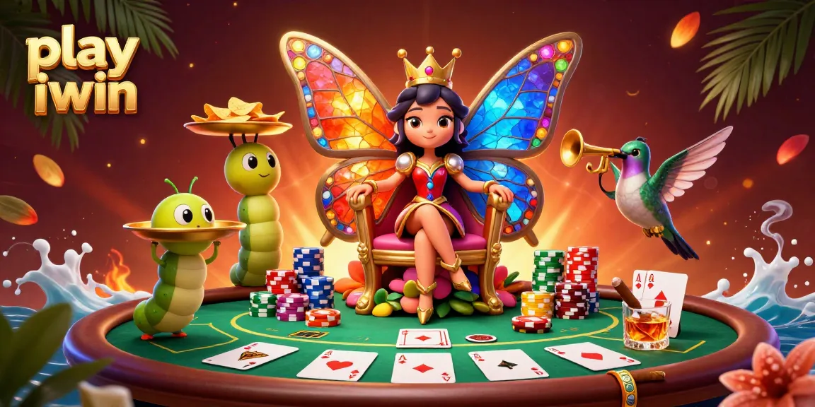 Play iwin in a vibrant casino scene with a butterfly queen and poker elements.