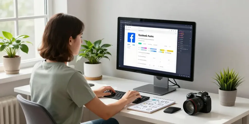 Generate Facebook posts with AI in a modern digital workspace with a social media manager creating content.